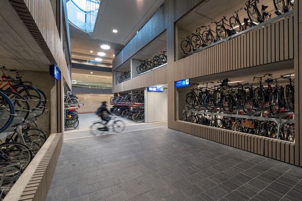 Interior of the world's largest bicycle parking garage in Utrecht, Holland